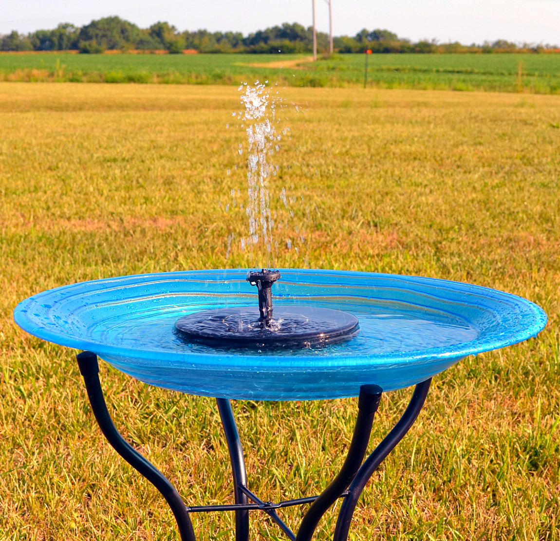 Embossed Blue Swirls Glass Solar Birdbath w/Stand